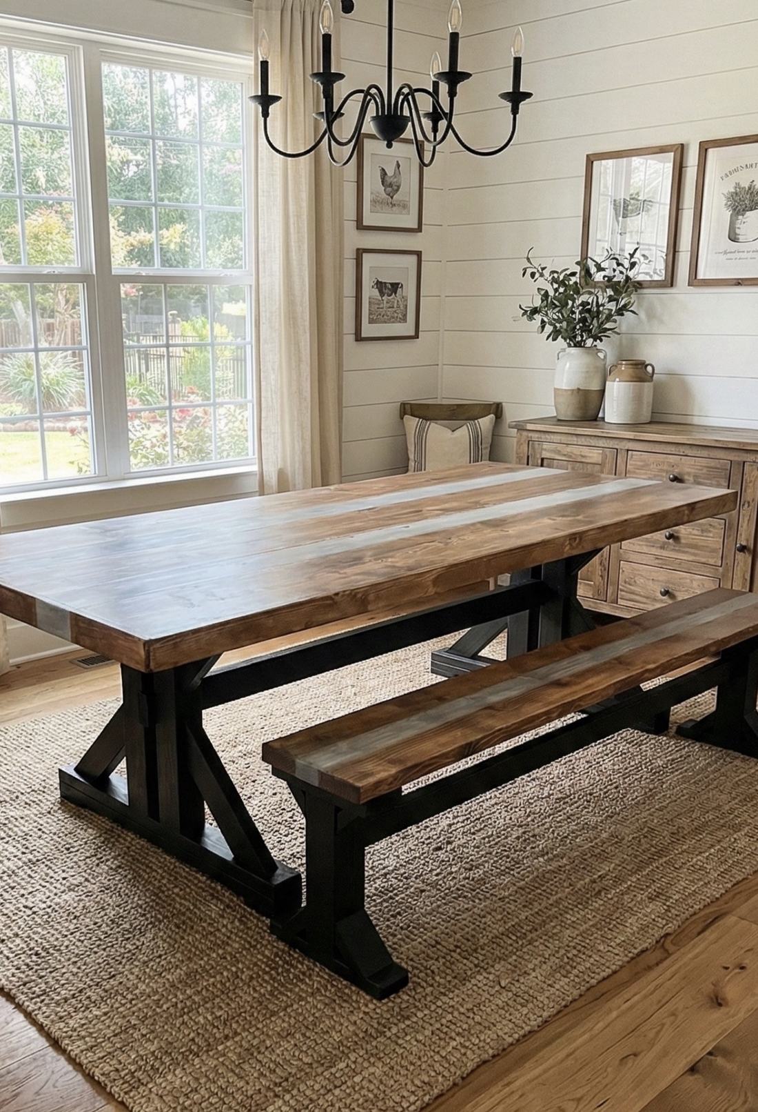 Farmhouse table with a natural stained pine top and matte black trestle base, with a matching bench